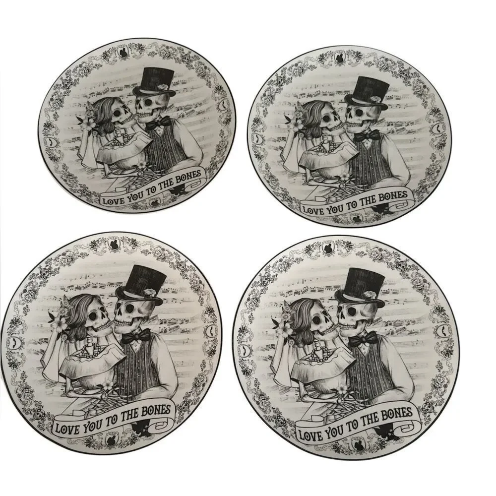 Eaton Fine Dining Halloween Wedding Skeleton Couple Dinner Plates EUC